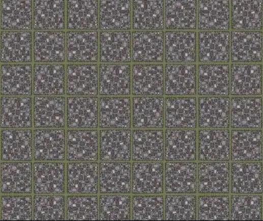 The image shows a grid of identical, pixelated, grayish-brown square tiles with faint green borders, resembling a tiled…