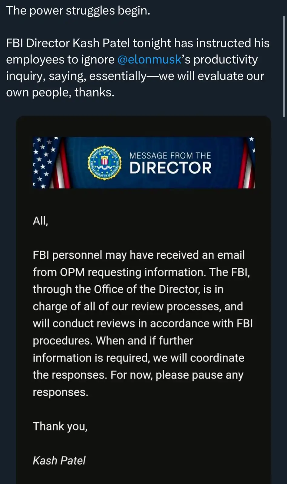An image of an official-looking FBI 'Message from the Director' email, signed by Kash Patel, instructing staff to pause…