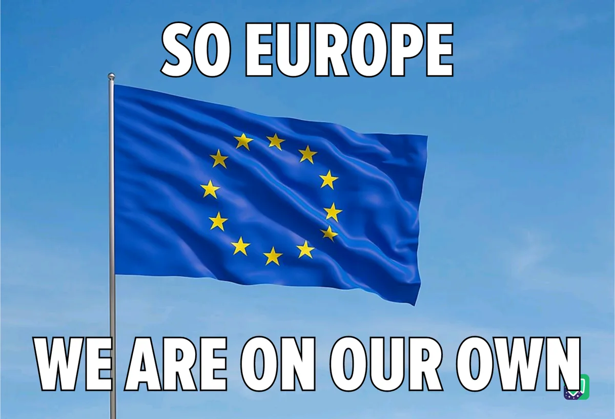 The image shows the European Union flag, blue with a circle of yellow stars, waving on a flagpole against a clear blue sky…