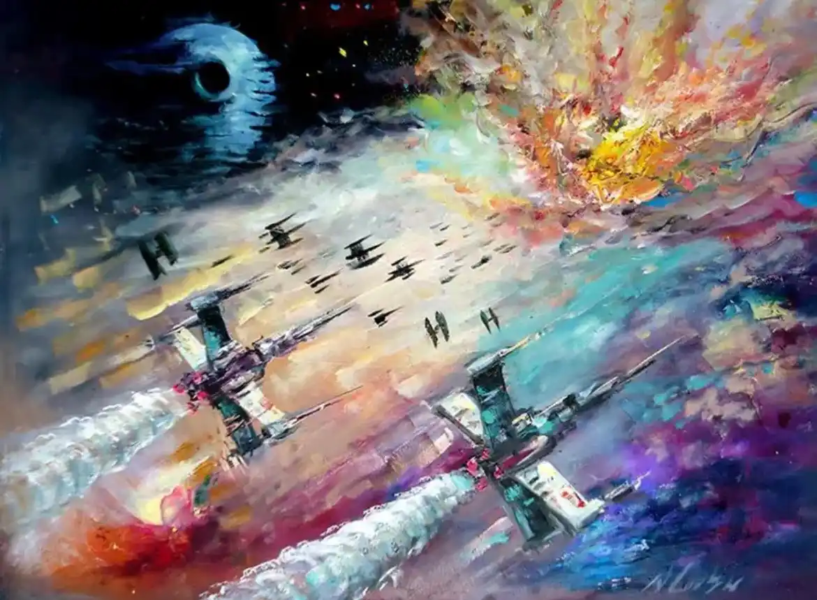 A colorful, painterly depiction of a Star Wars space battle with X-wing fighters and TIE fighters flying toward a large…