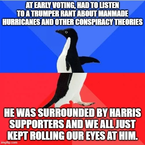 A black-and-white penguin stands centered against a blue-and-red background, with white text overlaid in two blocks. The top…