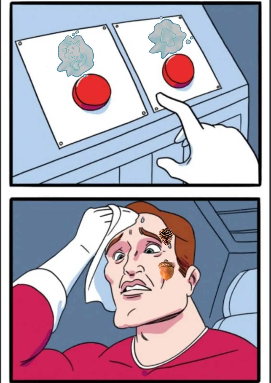 The top panel shows a hand hovering over two red buttons on a control panel; one button has a thought bubble with a cartoon…