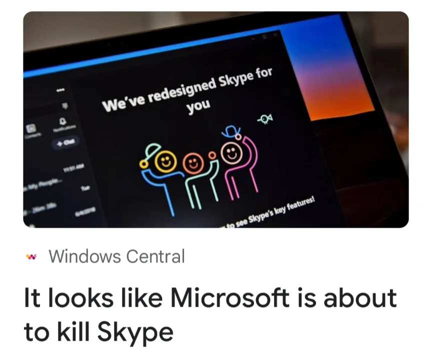 A laptop screen displays a Skype app interface with the text 'We've redesigned Skype for you' above colorful stick-figure…