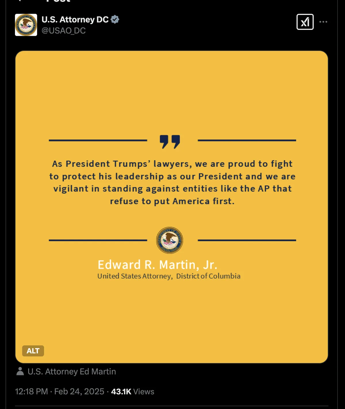 A screenshot of a tweet from the U.S. Attorney DC account showing a yellow graphic with a quote attributed to Edward R…