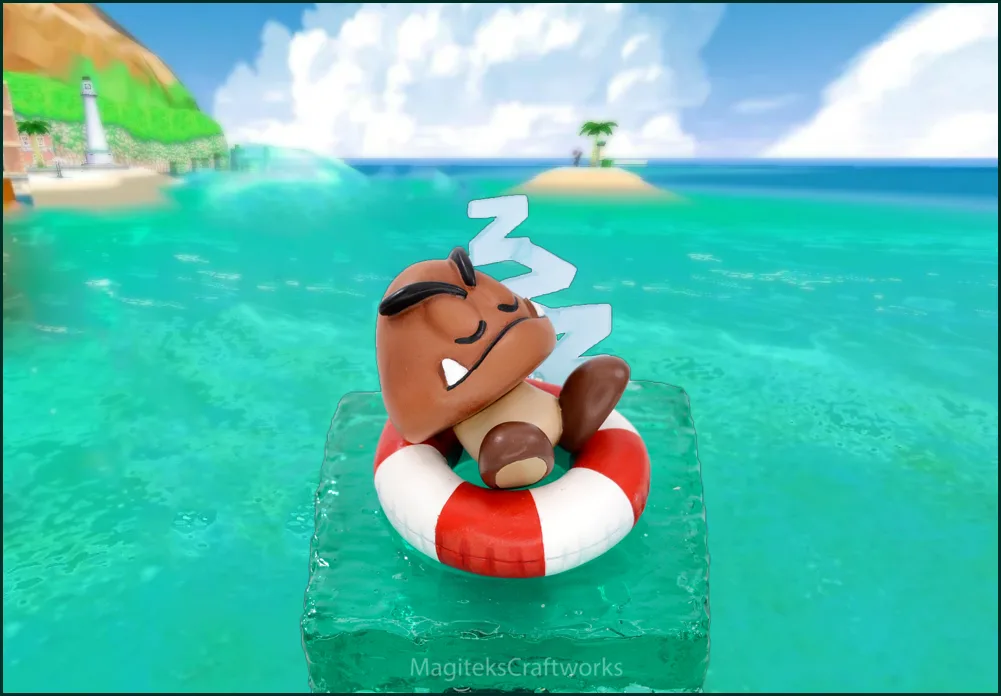 A small brown cartoon character with black eyebrows and fangs is lounging on a red-and-white life preserver, which is…
