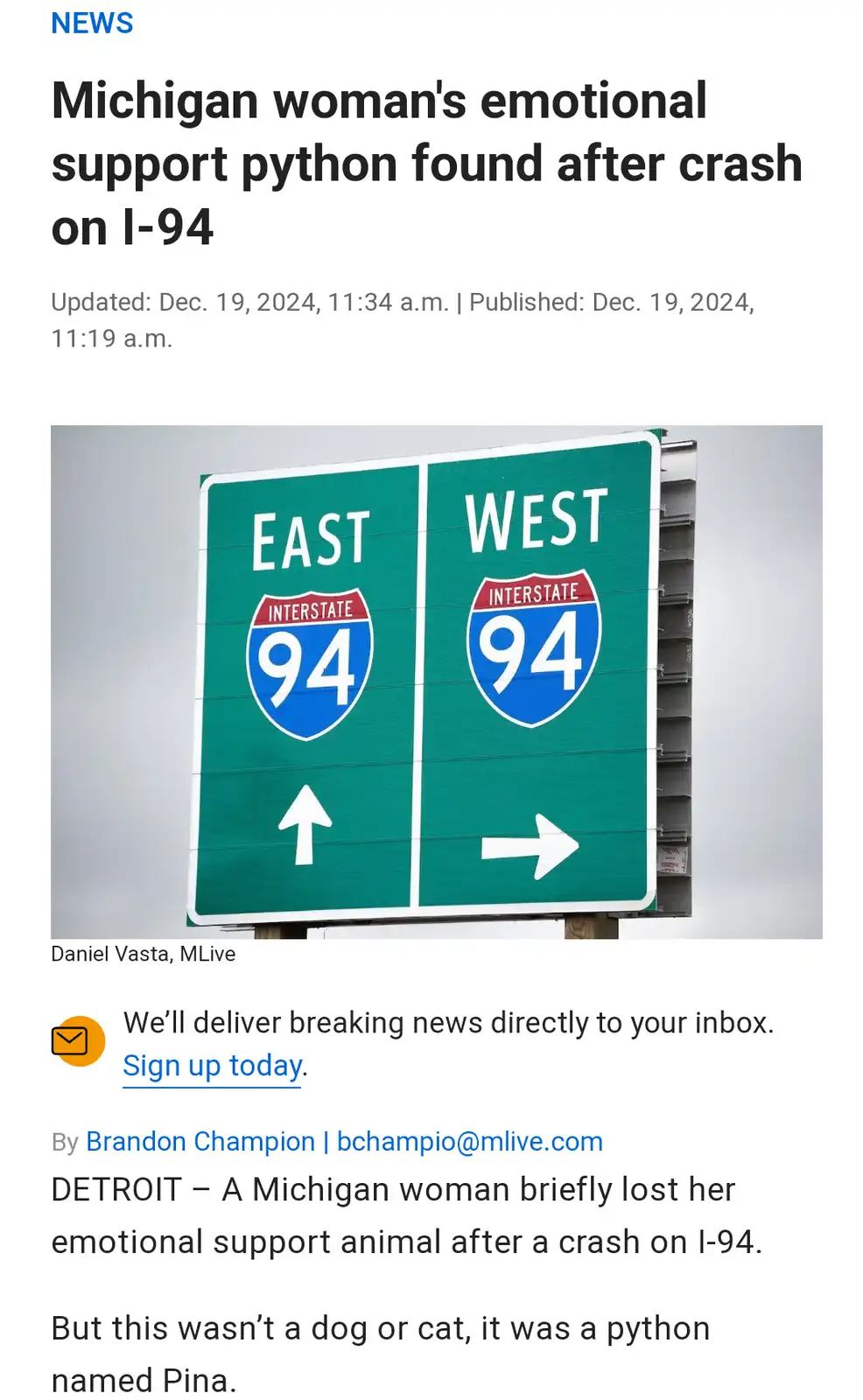 A screenshot of a news article with a headline about a Michigan woman's emotional support python found after a crash on…