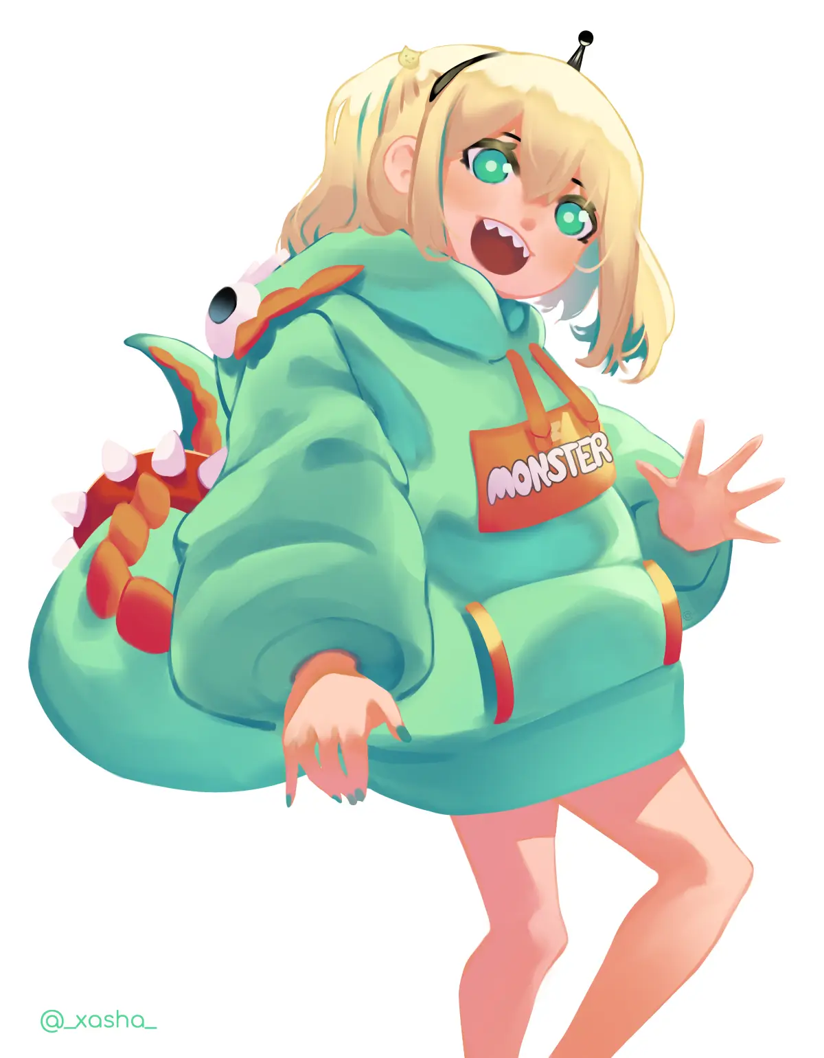 An anime-style girl with blonde hair and green eyes wears a large, light green hoodie that has a monster design on the back…