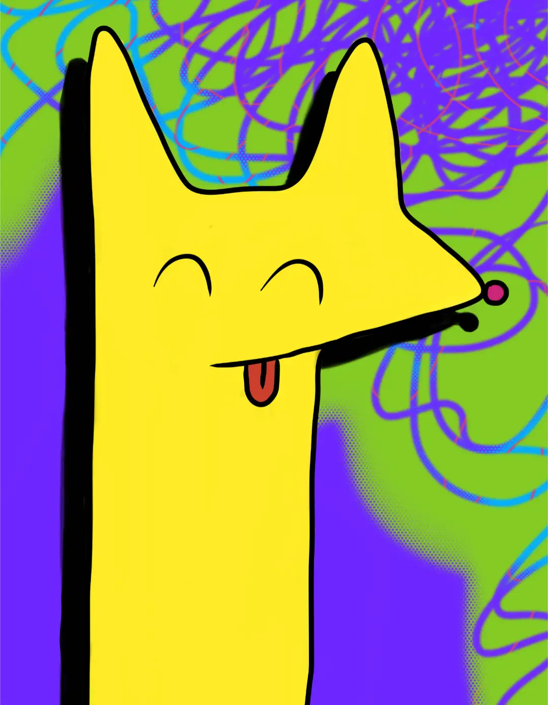 A cartoon yellow cat with a long body, closed eyes, and tongue sticking out, set against a psychedelic background of green…
