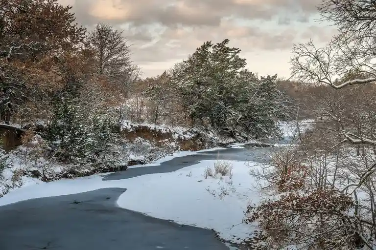 A serene winter landscape shows a partially frozen river winding through snow-covered trees and bushes under a cloudy sky…