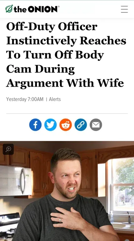 A screenshot of a fake news article from 'the ONION' with a headline about an off-duty officer instinctively reaching to…