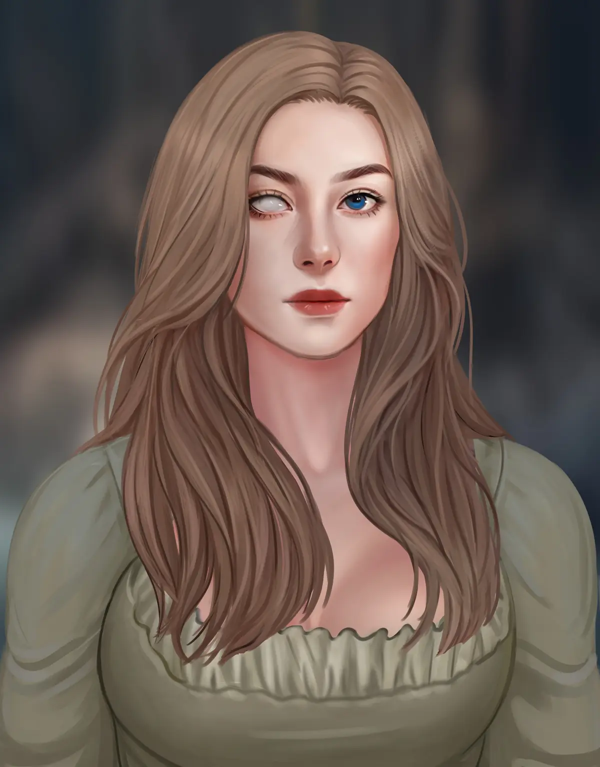 A digital portrait of a woman with long, wavy brown hair and a neutral expression, wearing a light-colored top with a…