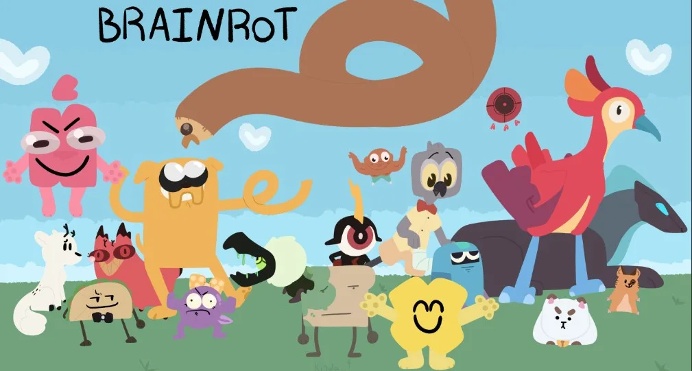 A colorful cartoon illustration features a large, brown, worm-like creature labeled 'BRAINROT' arching over a diverse group…