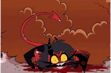 A six-panel animation shows a black cat with red devil horns, a red tail, and red accents on its body, standing in a…