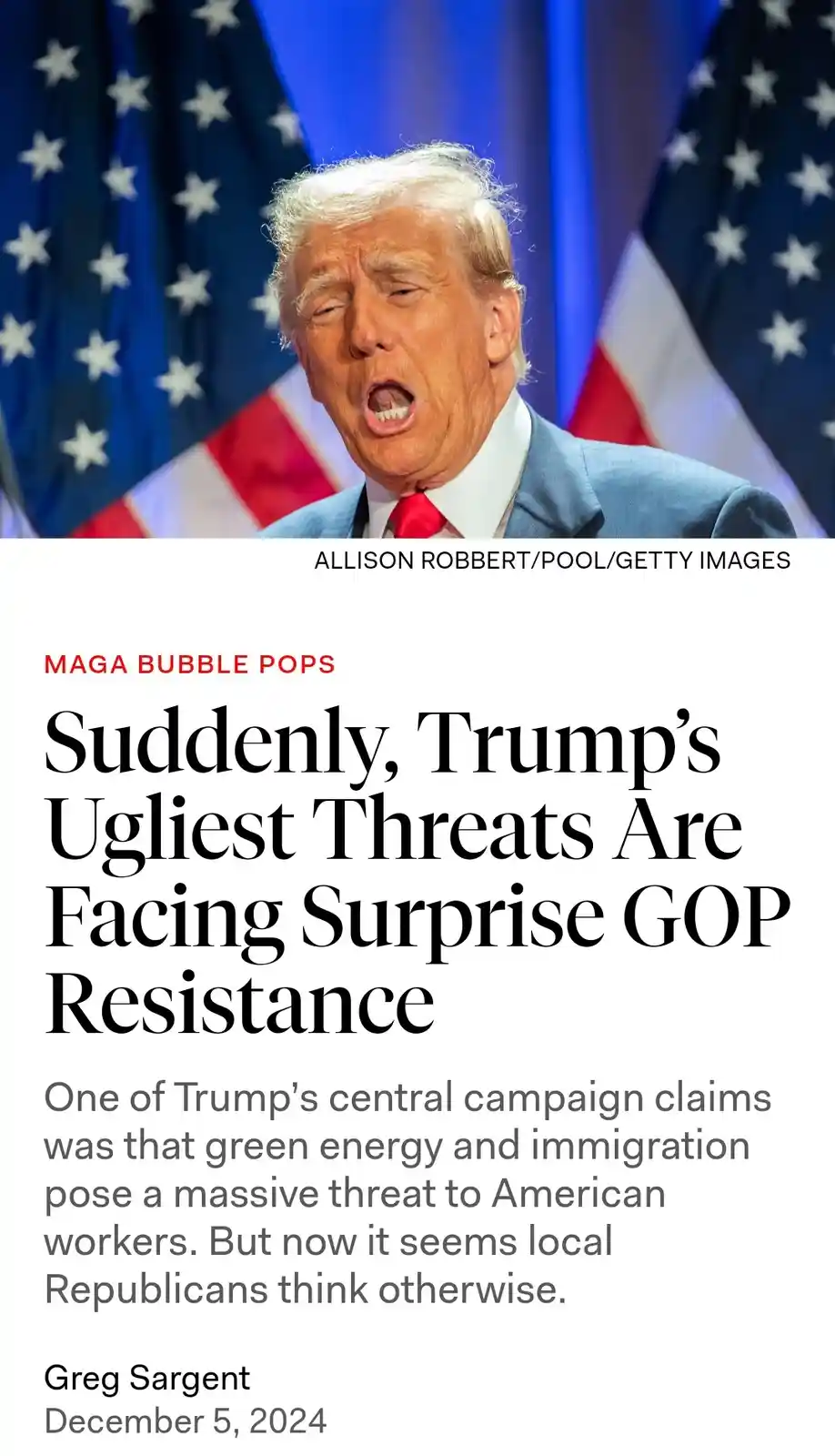 The image shows Donald Trump with his mouth open in an expressive manner, standing in front of American flags. Overlaid text…