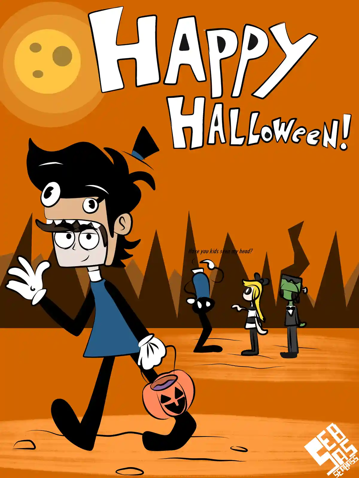 A cartoon character in a Halloween costume with a mustache and top hat waves while holding a pumpkin bucket, under a large…