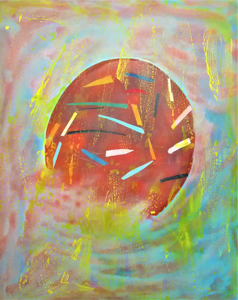 An abstract painting features a large red circular shape resembling a donut, covered with colorful rectangular and…