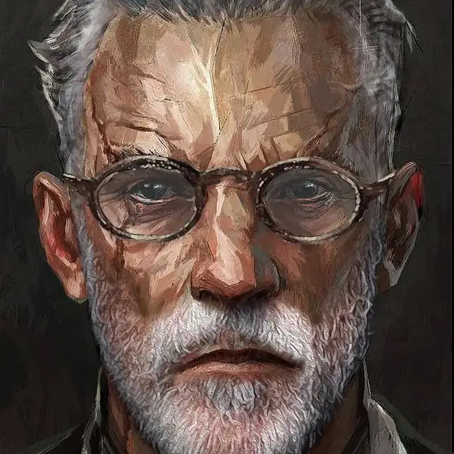 A digitally painted portrait of a stern-looking elderly man with white hair, a white beard, and round glasses, staring…