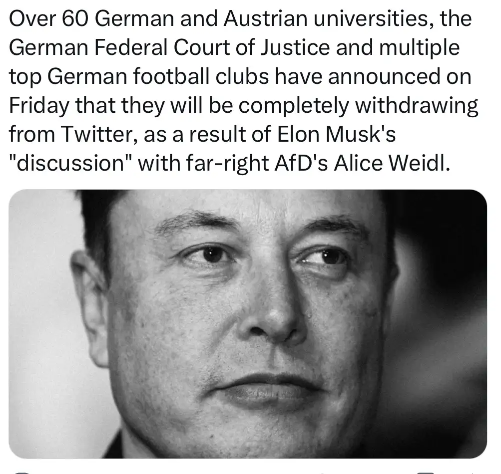 A black-and-white close-up photo of Elon Musk looking away with a neutral expression. Overlaid text claims that German…