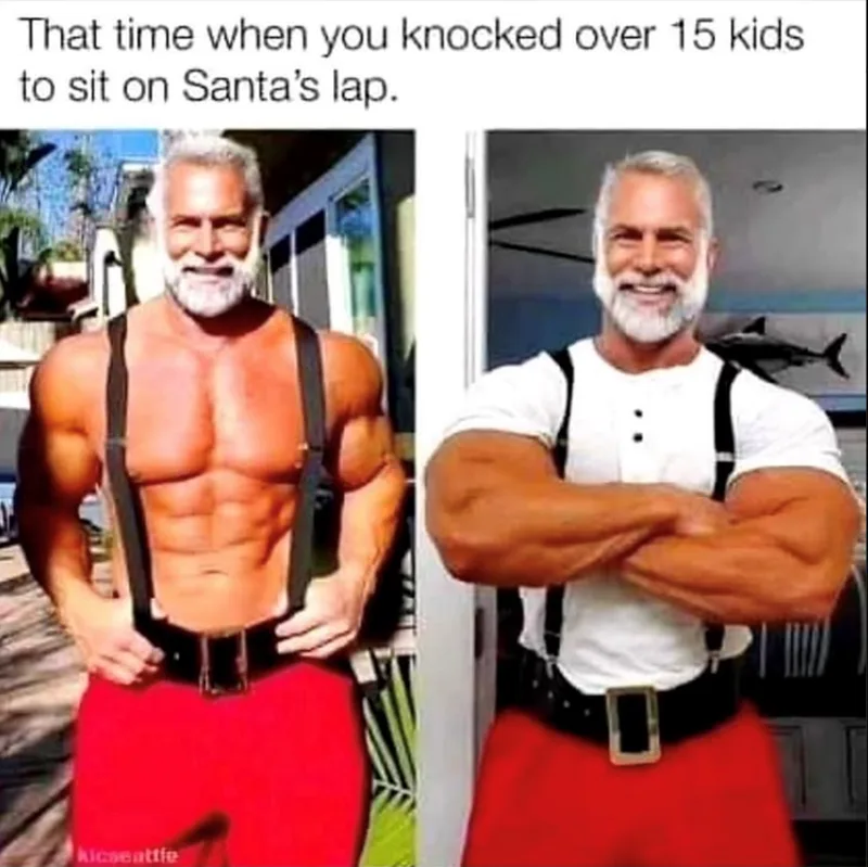 The image shows two side-by-side photos of a muscular, bearded man with gray hair. In the left photo, he is shirtless…