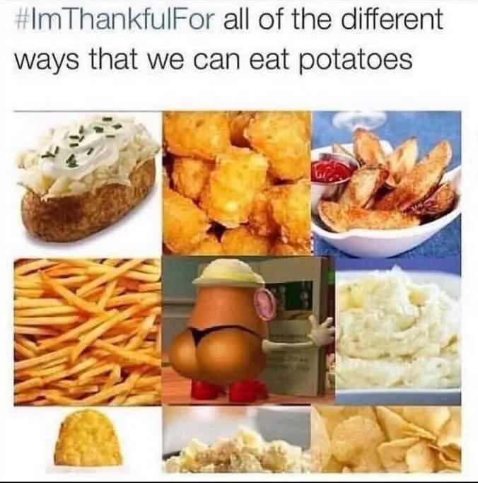 A collage of eight images showing various potato dishes including baked potato, tater tots, potato wedges, french fries, a…