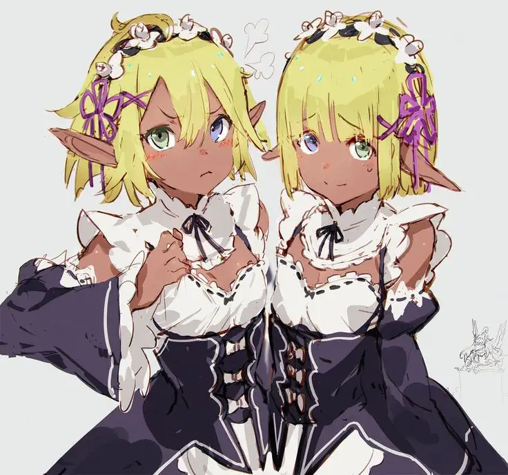 Two identical anime-style elf girls with blonde hair, purple bows, and white-and-purple maid outfits stand side by side. The…
