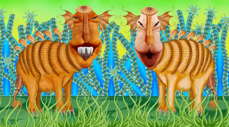 Two cartoonish, orange, armored creatures with long snouts and bat-like wings stand in green grass, facing each other with…