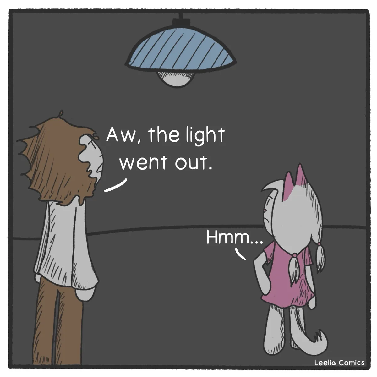 Two cartoon characters stand in a dark room under a hanging light fixture. The human-like character on the left says, 'Aw…