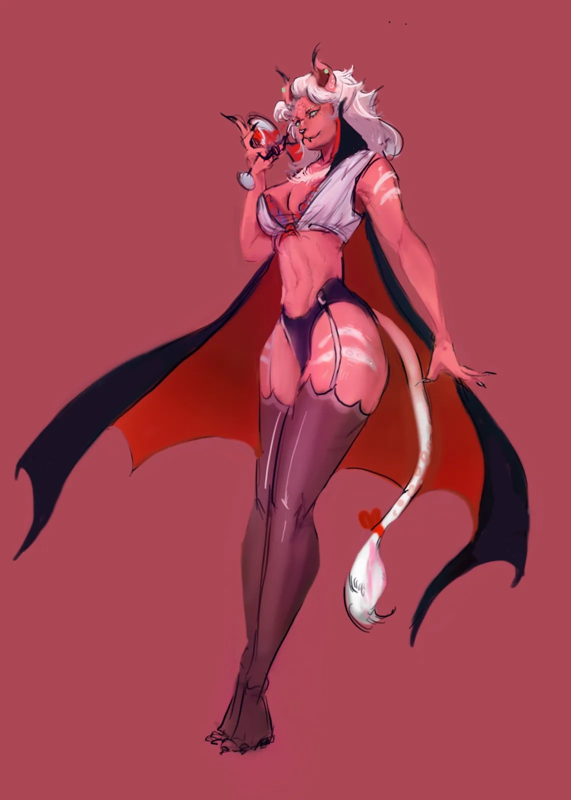 A stylized illustration of a pink-skinned, horned, bat-winged demoness with white hair and a fluffy tail, wearing a…