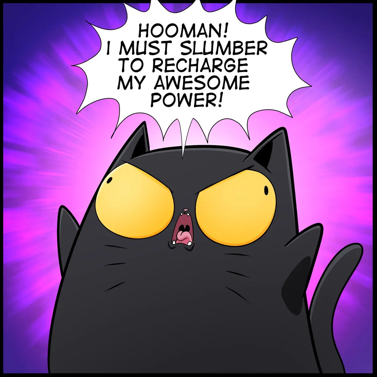 A cartoon black cat with large yellow eyes and an open mouth is shown against a vibrant purple and pink radiating…