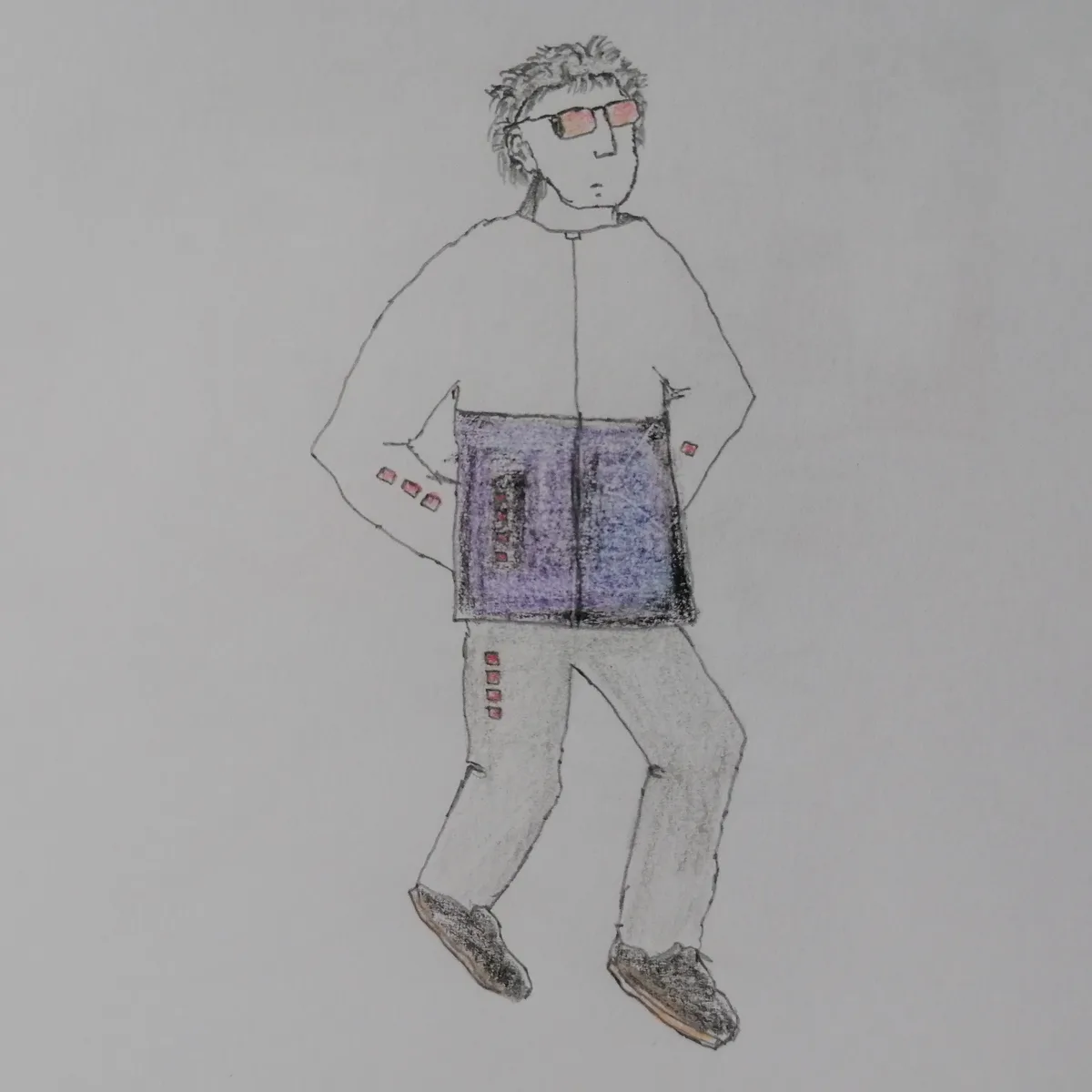 A hand-drawn sketch of a person wearing a full outfit with red square buttons on the sleeves, pants, and a purple chest…