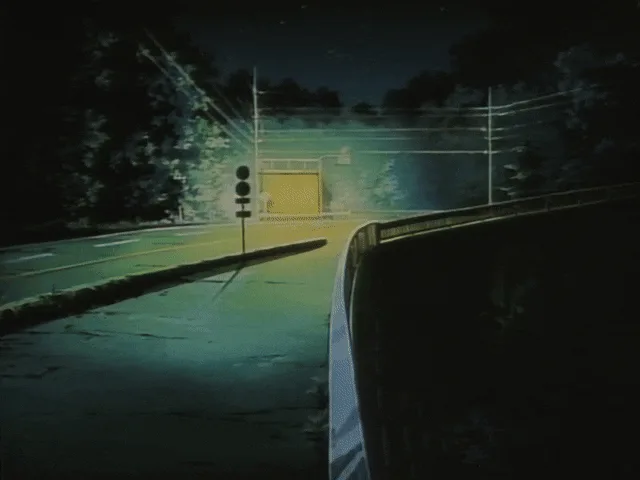 six panels of an anime-style night scene showing a winding road through dark forests and underpasses, with headlights…