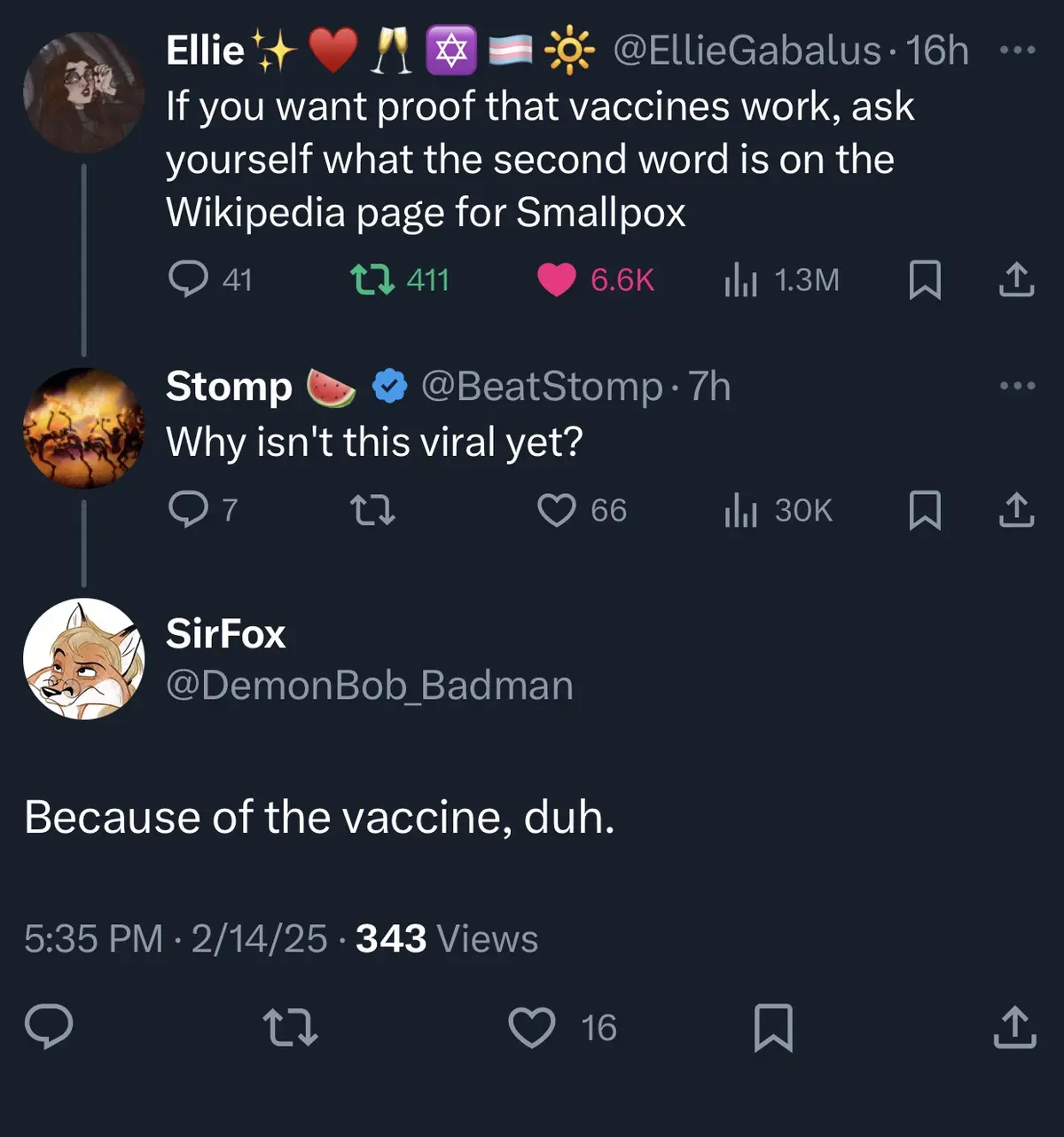 A screenshot of a Twitter thread showing a user named Ellie suggesting that the second word on the Wikipedia page for…