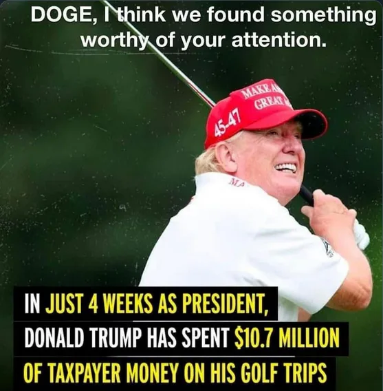 A photo of Donald Trump mid-golf swing, wearing a red 'Make America Great Again' cap with '45-47' on the side, overlaid with…
