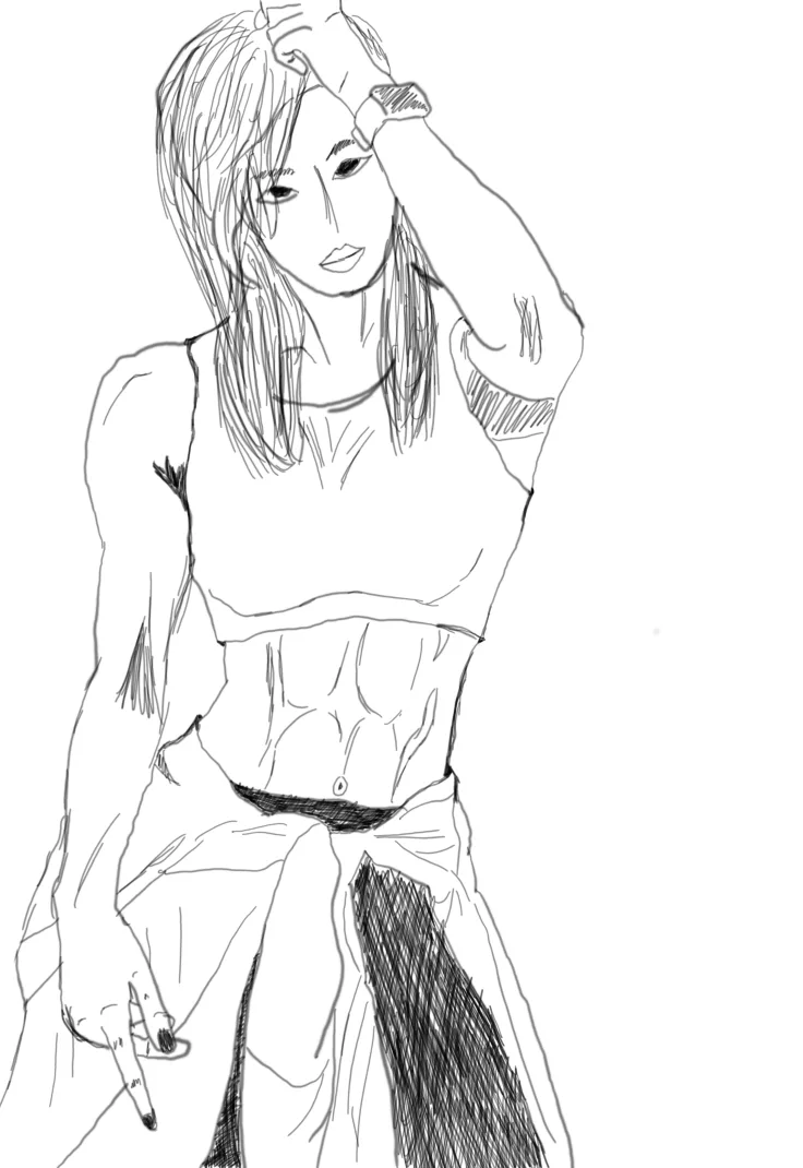 A black-and-white line drawing of a woman with defined abs, wearing a crop top and tied pants, one hand on her head and the…