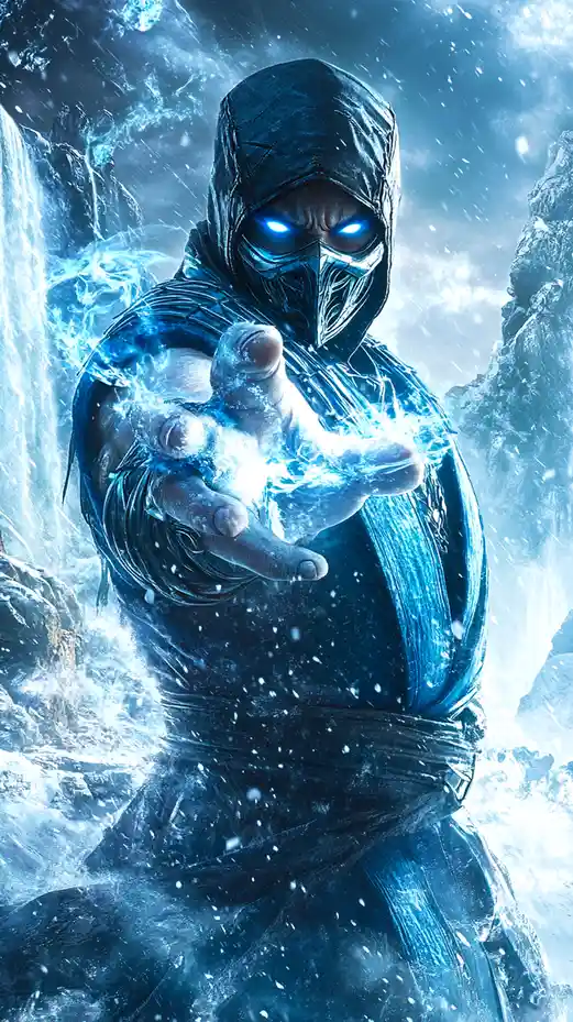 A hooded, masked character with glowing blue eyes and icy blue energy emanating from his outstretched hand stands in a…