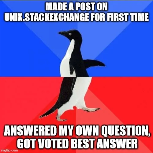 A penguin stands centered against a blue and red background, split horizontally. White bold text at the top reads 'MADE A…