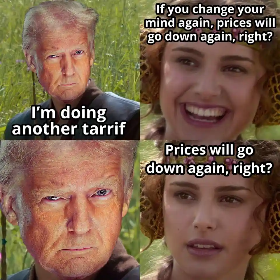 The image is a four-panel meme featuring Donald Trump and a woman from 'Game of Thrones'. Trump appears in two panels with a…