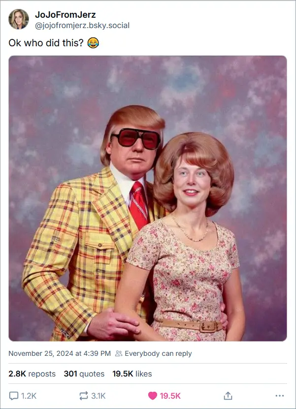 A vintage-style studio portrait shows a man with a distinctive hairstyle and large dark sunglasses wearing a bright yellow…