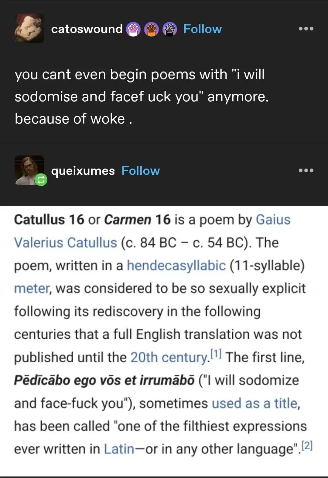The image displays a screenshot of a social media post where a user named 'catoswound' comments that you can't begin poems…