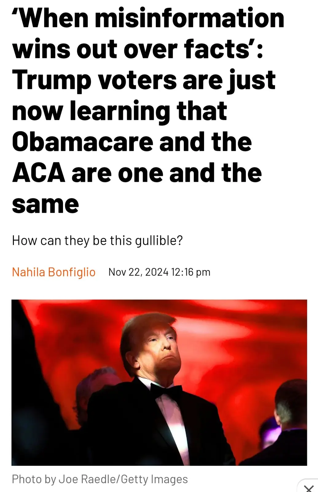 The image shows a photo of Donald Trump in a tuxedo looking upward with a skeptical expression, set against a red…