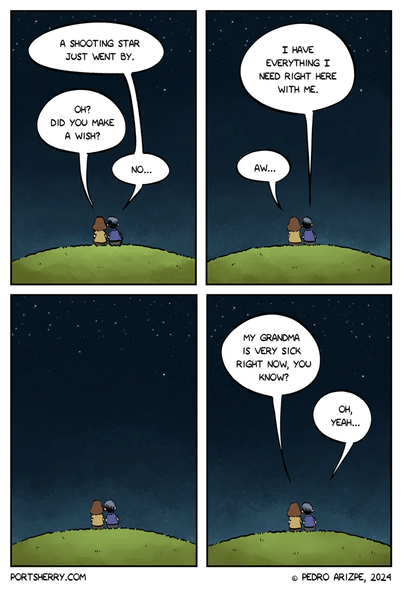 A four-panel comic strip shows two people sitting on a grassy hill under a starry night sky. In the first panel, one person…
