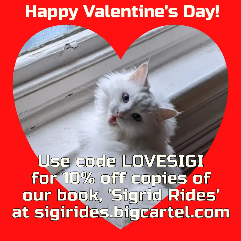 A fluffy white cat with blue eyes sits on a windowsill inside a red heart-shaped frame. The image has red background with…