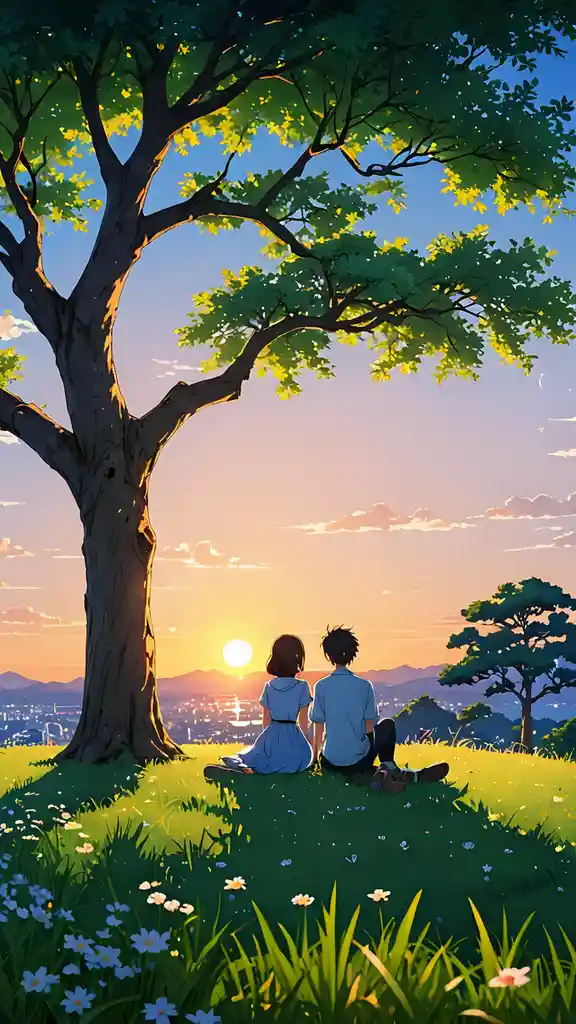 Two anime-style characters sit side-by-side on a grassy hill under a large tree, watching a beautiful sunset over a distant…