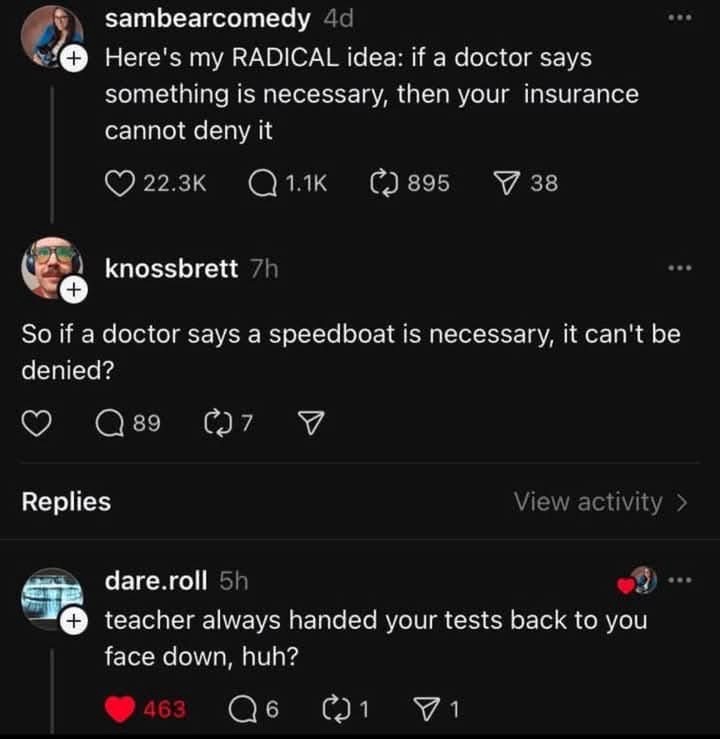 A screenshot of a Reddit thread shows a user proposing a radical insurance idea, followed by a reply jokingly applying it to…