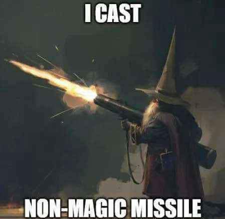 A wizard in a pointed hat and robe is holding a large, futuristic-looking rocket launcher and firing a bright orange…