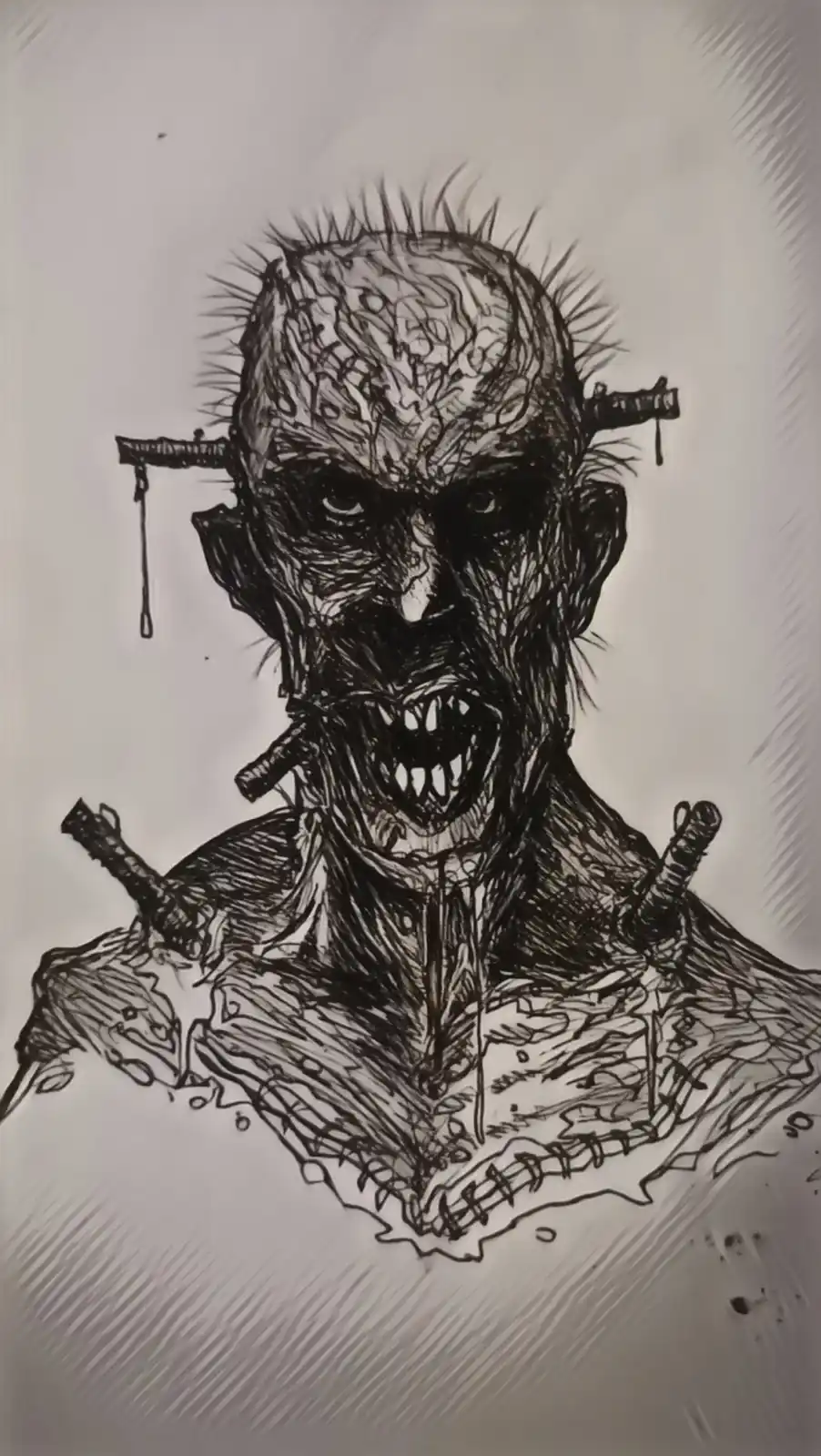 A black-and-white sketch depicts a grotesque, screaming humanoid figure with spikes protruding from its head and neck, and…