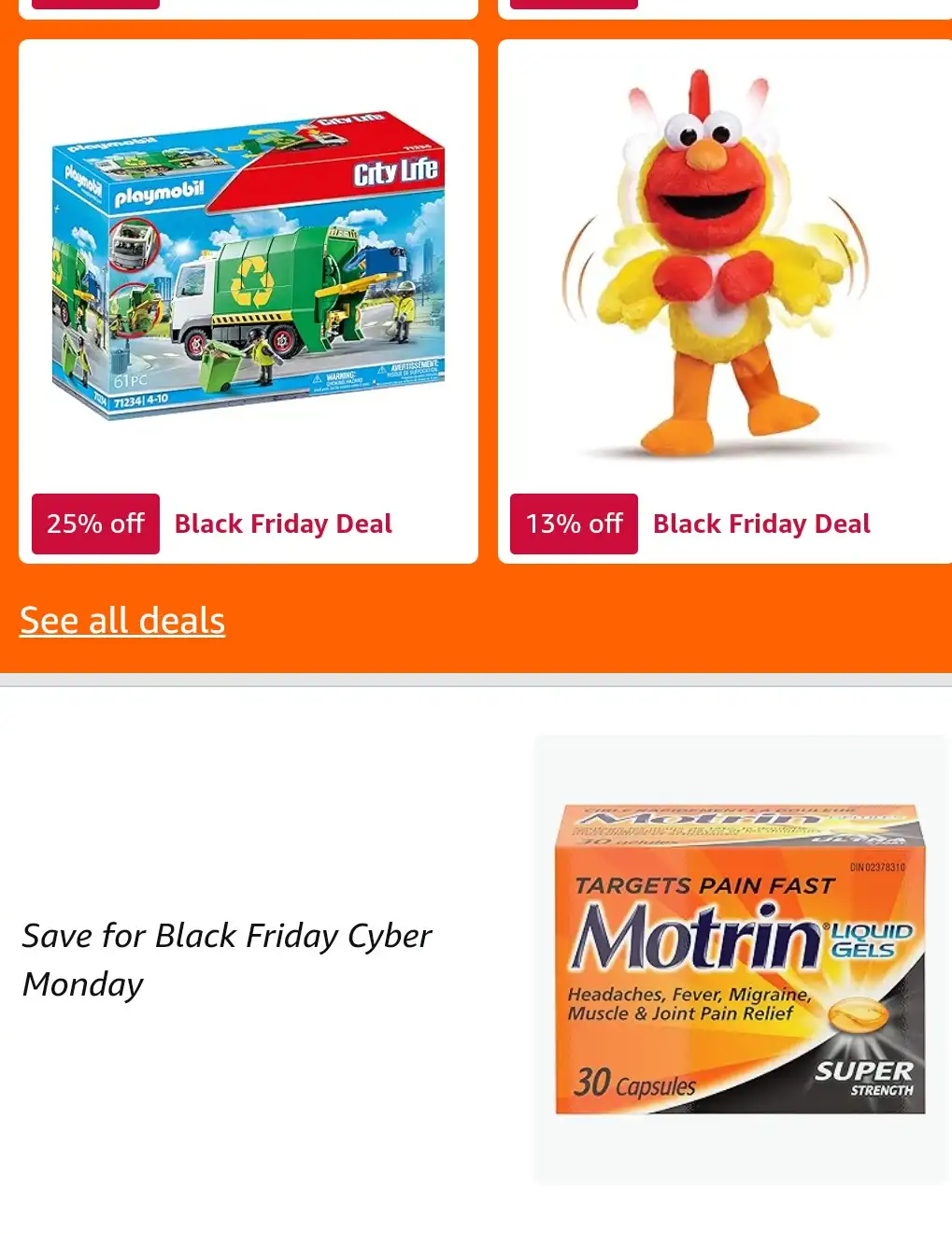 An online shopping page displays two Black Friday deals: a Playmobil City Life garbage truck set with 25% off and a dancing…