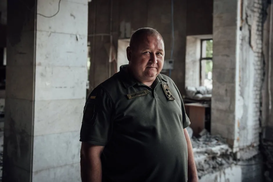 A man in a green military-style polo shirt with a name tag reading 'НАРЧЕНКО' stands in a dilapidated, rubble-filled…