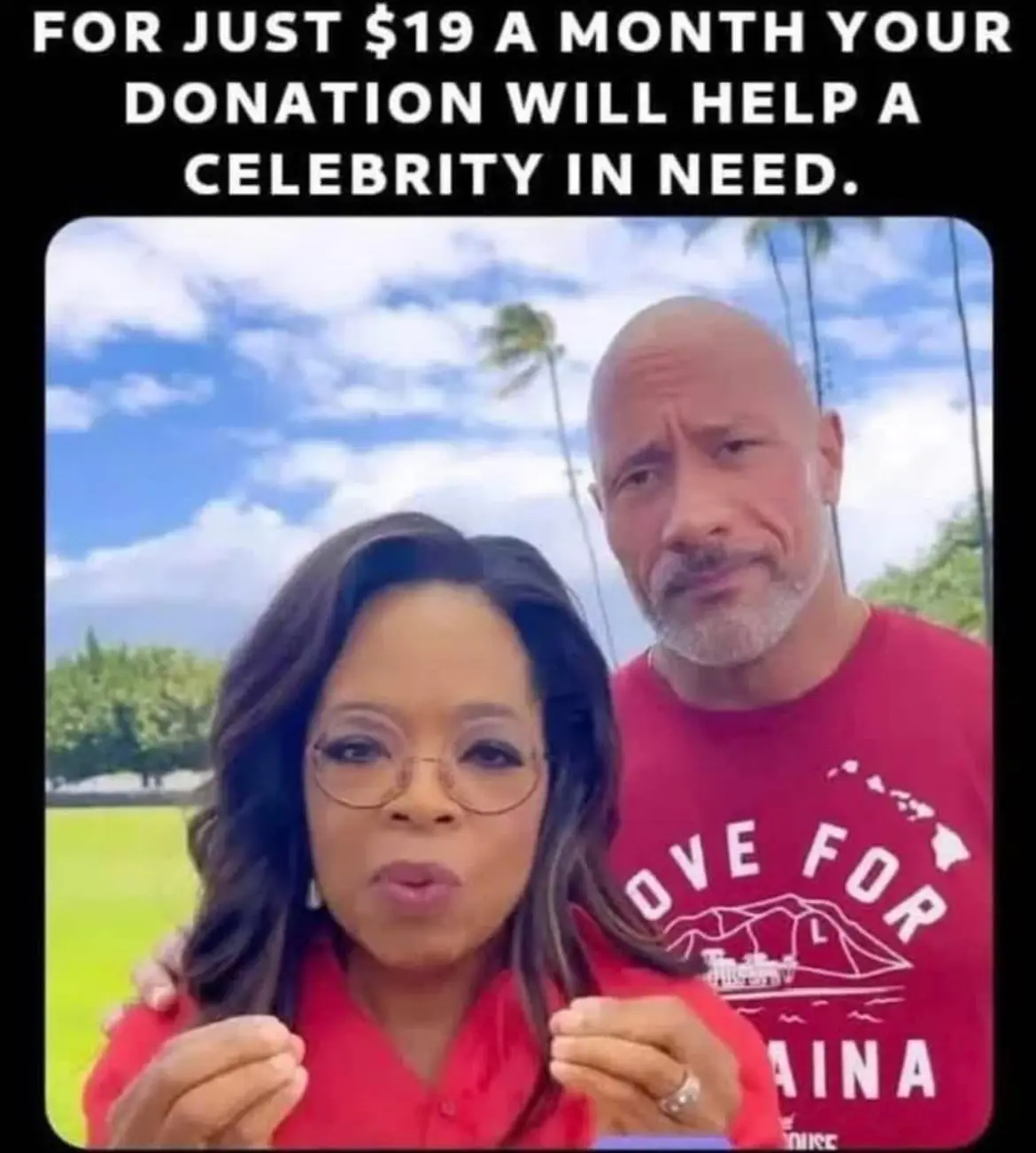 The image shows Oprah Winfrey and Dwayne 'The Rock' Johnson standing together outdoors under a blue sky with palm trees…