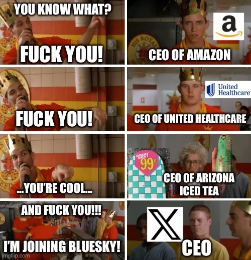 A six-panel meme grid featuring the character from 'The Royal Tenenbaums' wearing a crown and yelling 'FUCK YOU!' in various…